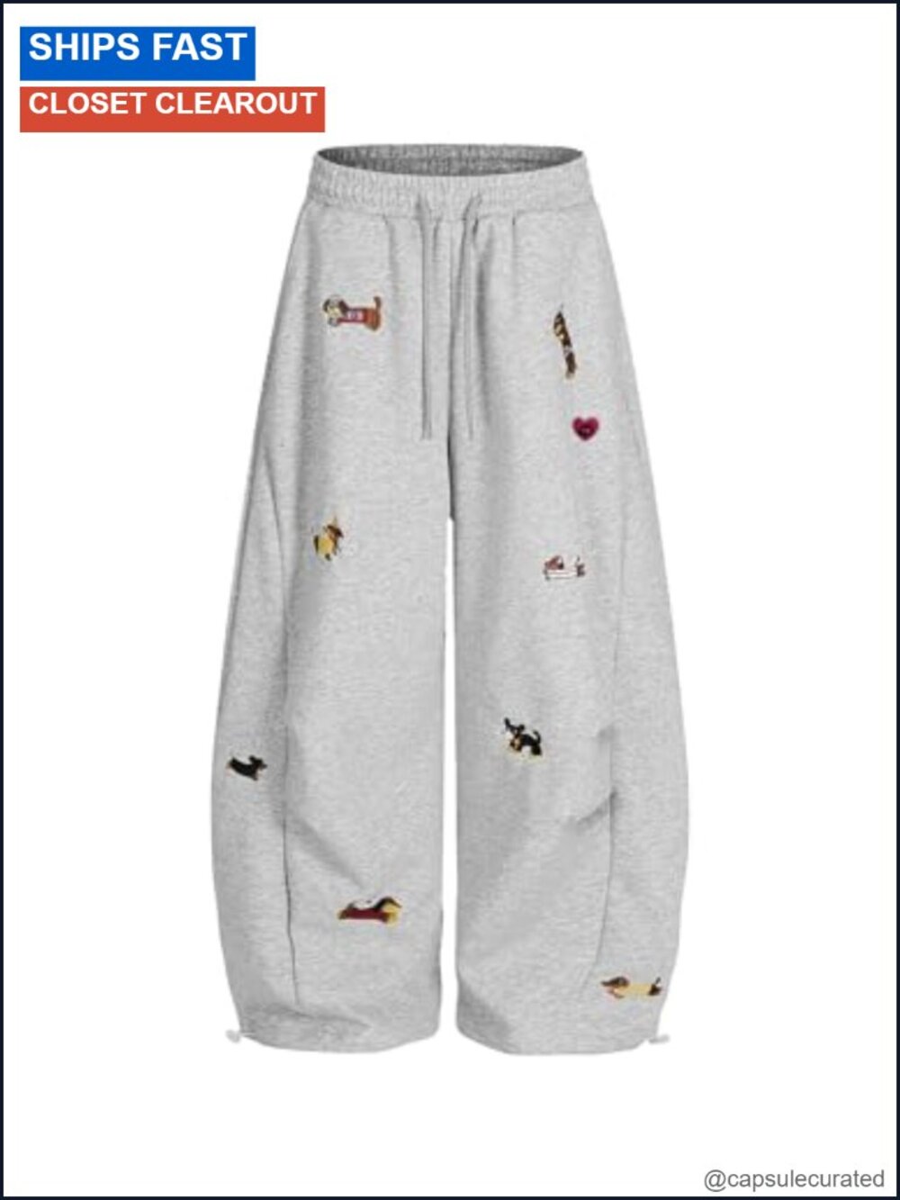 Embroidery Puppy Baggy Barrel Sweatpants Wide Leg Lantern Trouser Drawstring